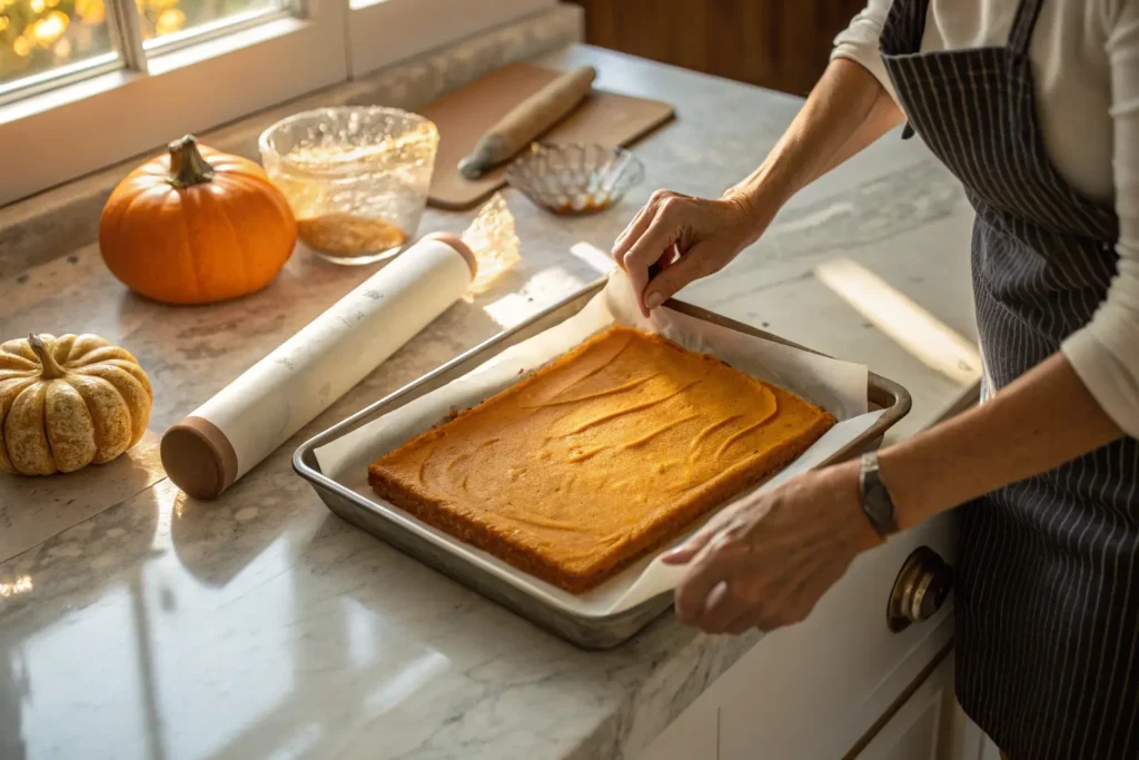 A baker’s hands rolling up a warm pumpkin sheet cake with parchment paper to prevent cracking.