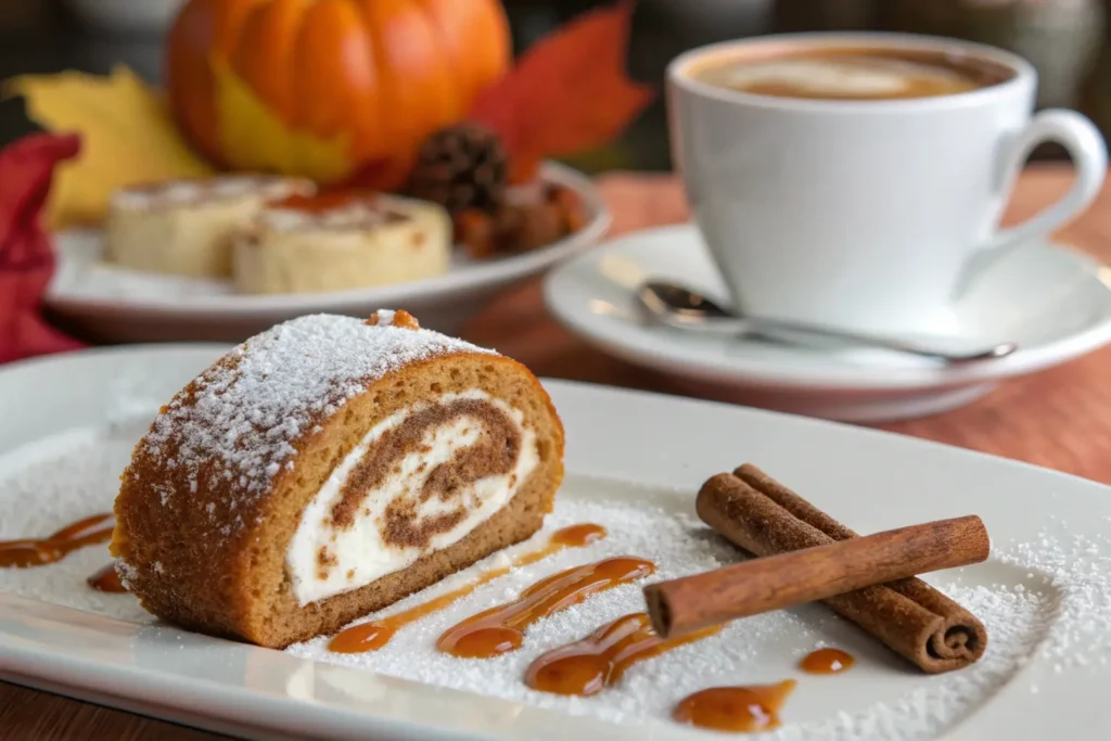 A plated slice of pumpkin roll with cream cheese filling, dusted with powdered sugar, served with a cinnamon stick and caramel drizzle