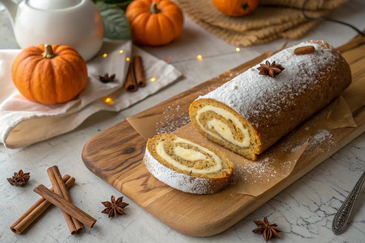 A freshly sliced pumpkin roll with a creamy filling, dusted with powdered sugar, on a rustic wooden cutting board