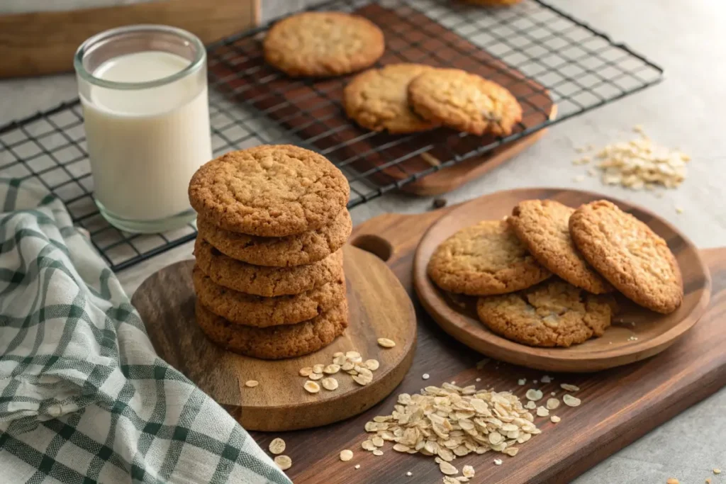Freshly baked Quaker Oatmeal Cookies stacked on a rustic plate with a glass of milk.