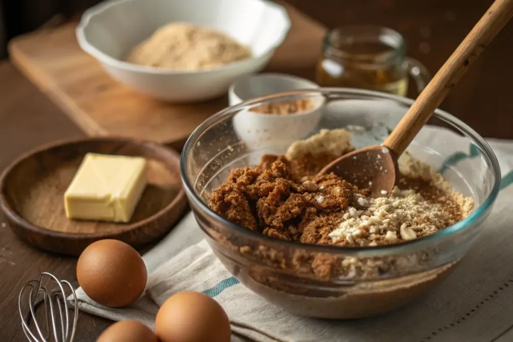 Mixing oats, brown sugar, and cinnamon in a bowl for homemade Quaker oatmeal cookies.