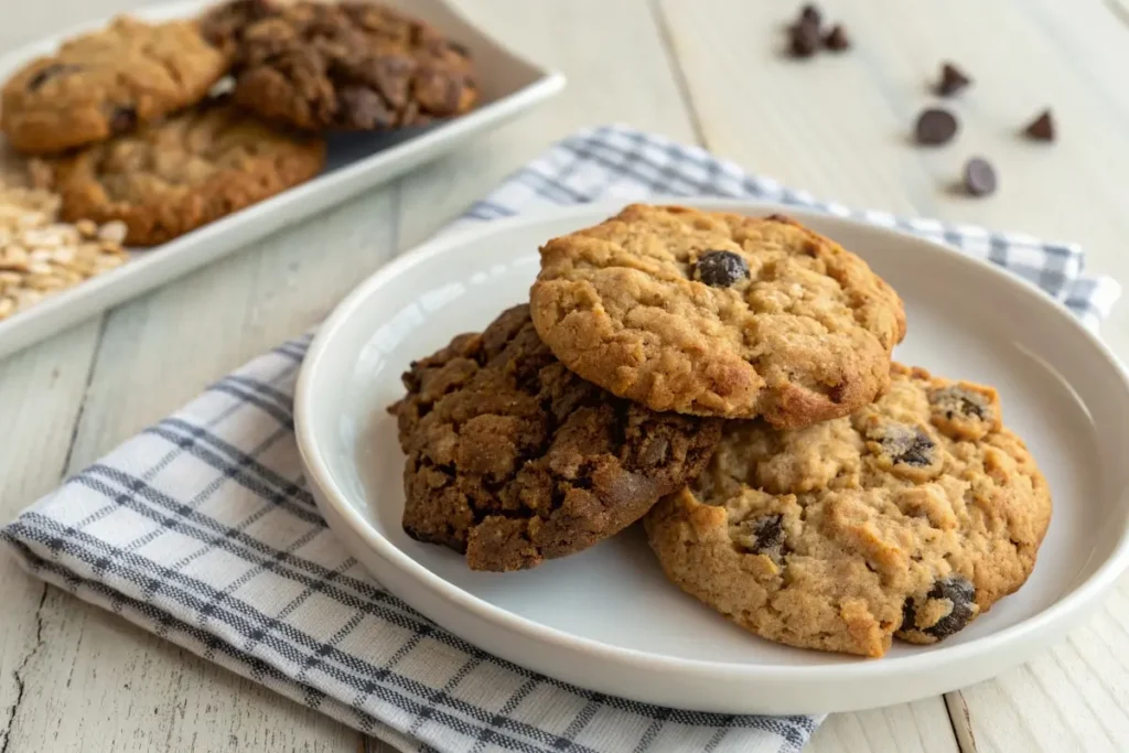 A plate of three types of Quaker oatmeal cookies – raisin, chocolate chip, and peanut butter.