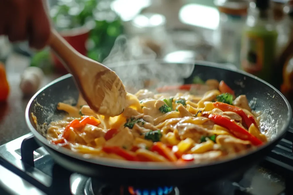 A pan filled with sautéed bell peppers, jerk chicken, and creamy pasta sauce being stirred with a wooden spoon.