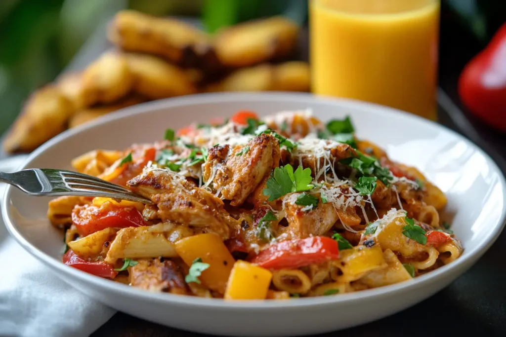 A plated bowl of Rasta Pasta with jerk chicken, bell peppers, fresh parsley, and parmesan, served with mango juice and fried plantains.