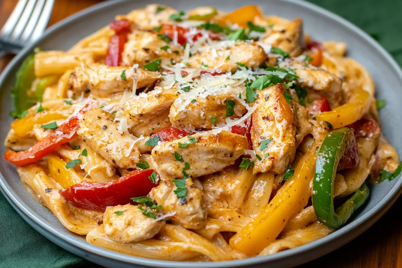 A creamy and vibrant Rasta Pasta dish with jerk chicken and colorful bell peppers, served on a plate with fresh parsley garnish.