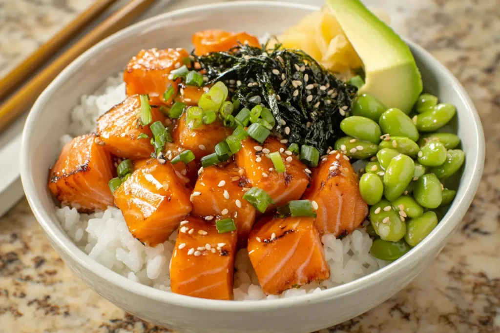 A fresh salmon poke bowl with sushi-grade salmon, avocado, edamame, and seaweed salad over sushi rice, garnished with sesame seeds.