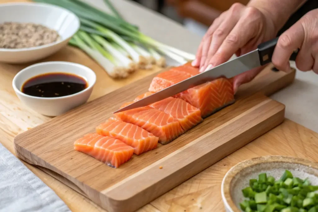 A chef slicing sushi-grade salmon into even cubes on a wooden cutting board for a salmon poke recipe.