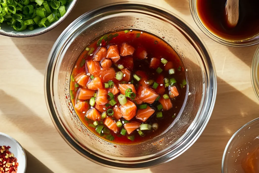 A glass bowl with a flavorful soy-based marinade being whisked for a salmon poke recipe.