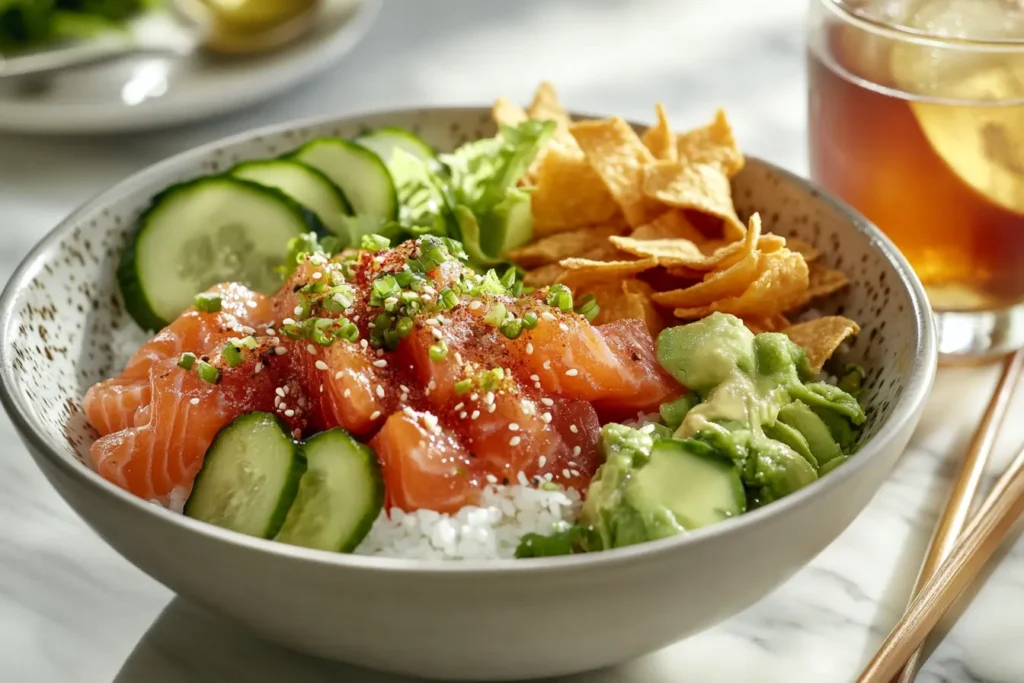 A final plated salmon poke bowl with fresh toppings, sesame seeds, and spicy mayo drizzle.