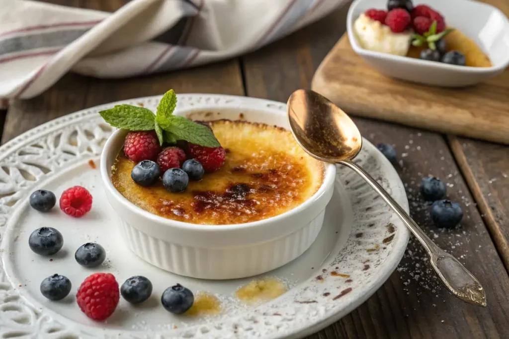 A classic crème brûlée with a cracked caramelized sugar top, revealing creamy vanilla custard inside.