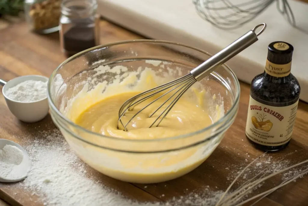A glass bowl filled with crème brûlée custard being whisked to a smooth consistency.