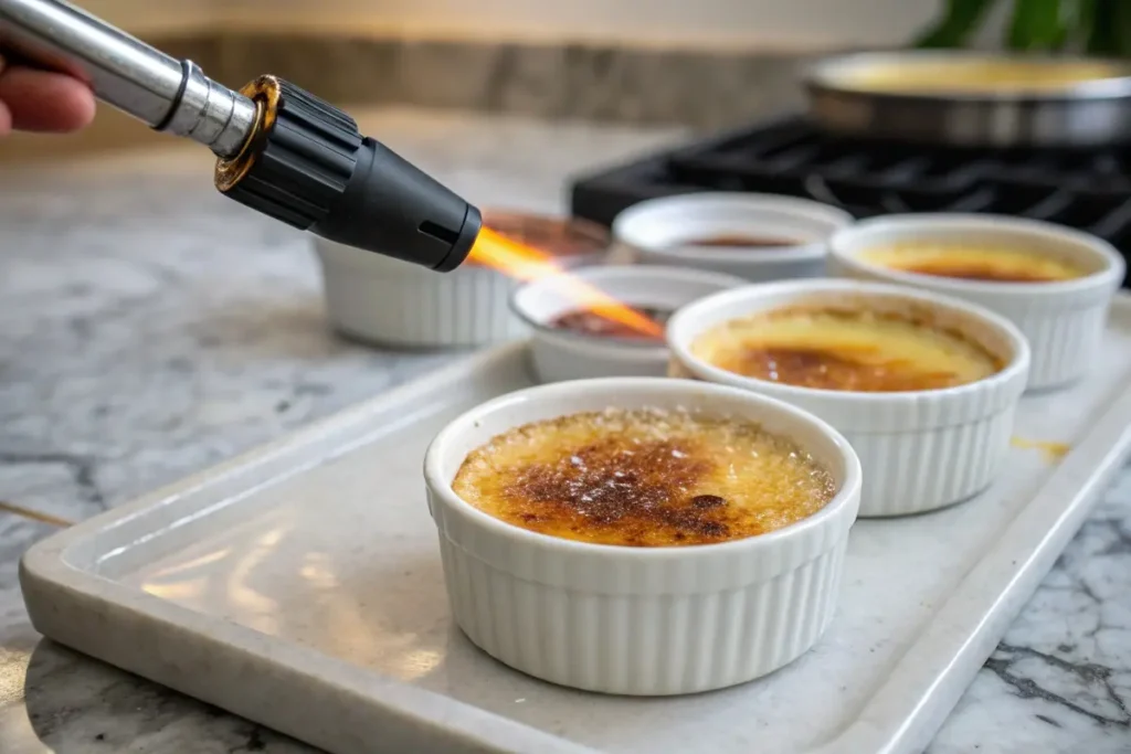 A kitchen torch caramelizing the sugar on top of a crème brûlée, turning golden brown.