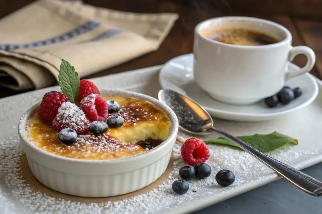 A perfectly plated crème brûlée with a golden caramel crust, garnished with berries and powdered sugar.