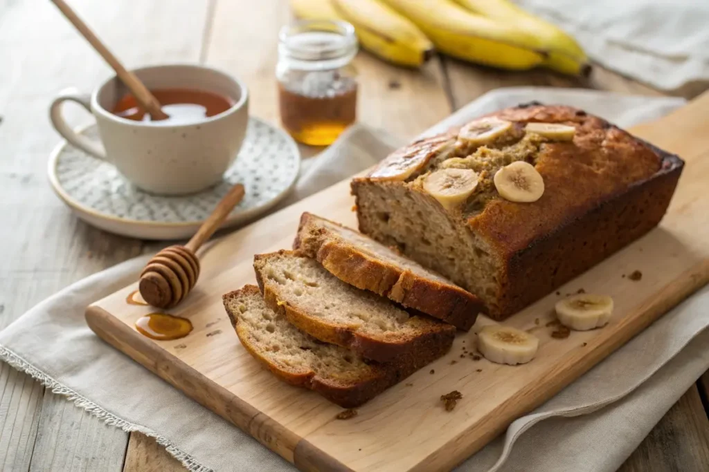 A moist banana bread without butter, sliced on a wooden board with banana slices and a honey drizzle.