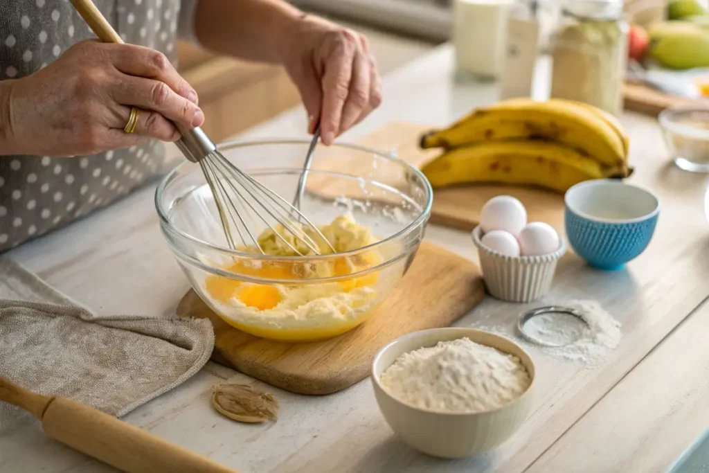 Mixing banana bread batter in a glass bowl with mashed bananas, eggs, and oil.