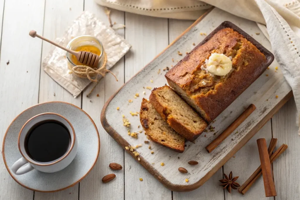 Sliced banana bread without butter on a rustic plate with honey drizzle and coffee.