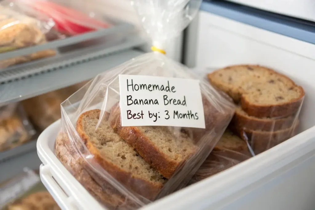 Slices of banana bread without butter wrapped and stored in a labeled freezer bag.