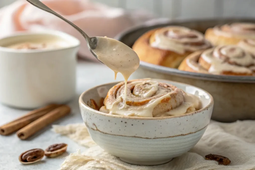 A spoon drizzling smooth, creamy cinnamon roll icing into a bowl, with warm cinnamon rolls in the background.