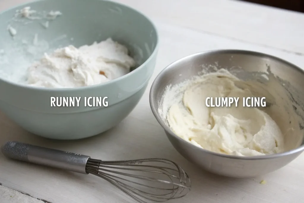 Side-by-side comparison of cinnamon roll icing mistakes—one too runny and another too thick—with a whisk beside them.