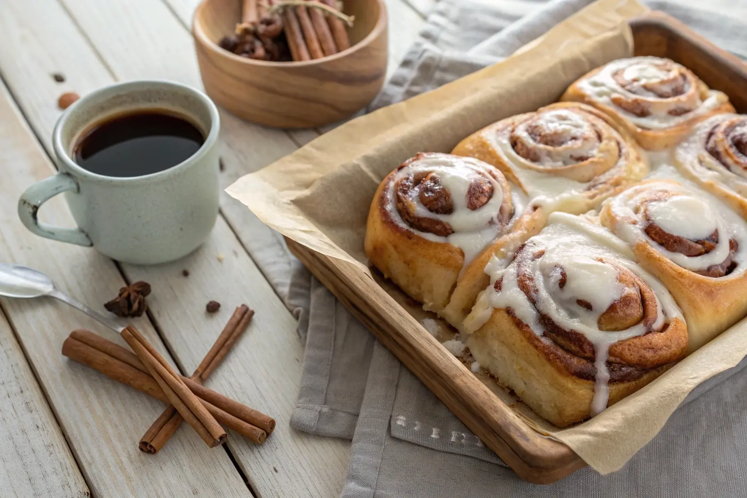 Freshly baked cinnamon rolls with homemade icing drizzled on top, sitting on a rustic wooden tray with a cup of coffee.