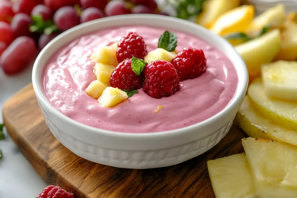 A bowl of raspberry lemon fruit dip with fresh raspberries, lemon zest, and an assortment of sliced fruits on a wooden board.