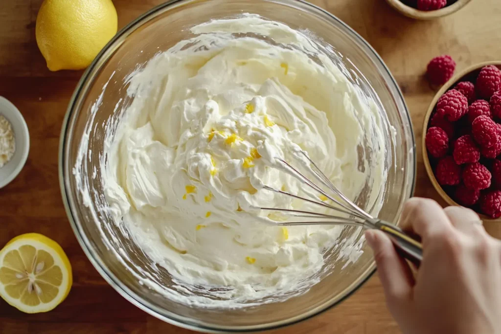 Mixing cream cheese, raspberries, and lemon zest in a glass bowl to create a creamy fruit dip.