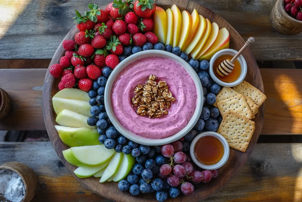 A raspberry lemon fruit dip served in a bowl, surrounded by a colorful fruit platter with strawberries, pineapple, and apples.