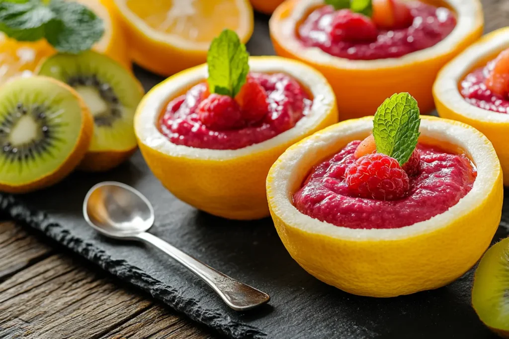 Raspberry lemon fruit dip served inside hollowed-out lemon and orange bowls with fresh fruit skewers.